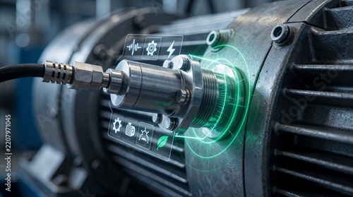 Industrial vibration sensor installed on motor housing for machine condition monitoring applications