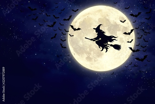 Witch silhouette flying across full moon with bats, Halloween night sky