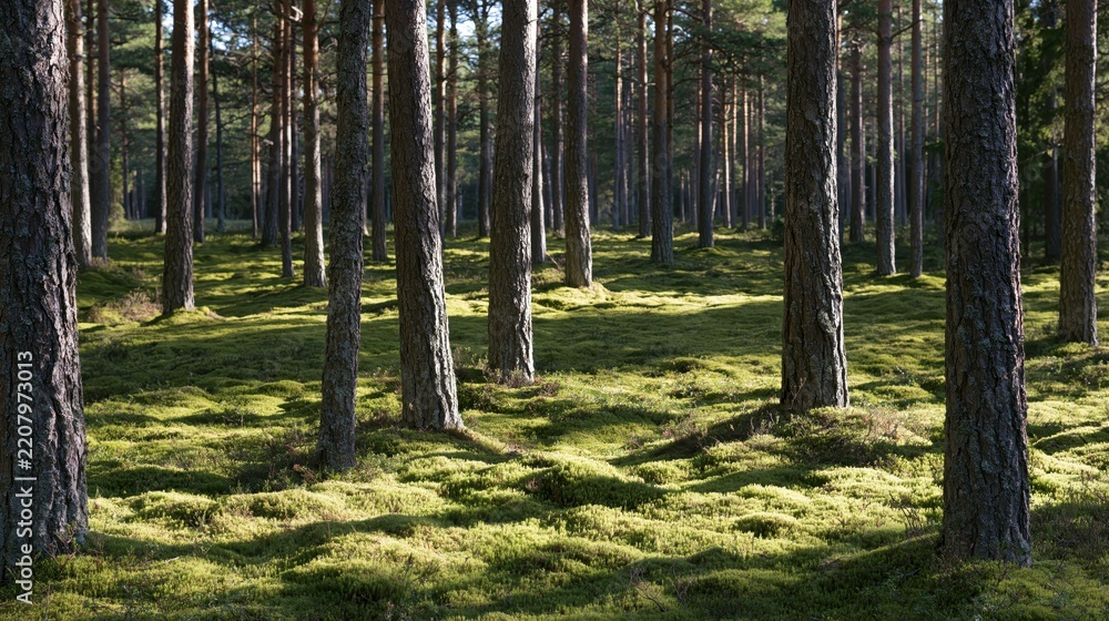 Obraz premium Sunlit pine forest with mossy ground