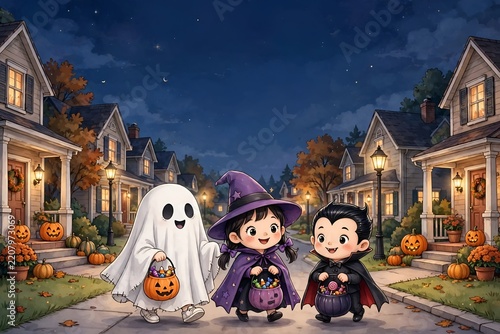 Cute cartoon kids trick-or-treating in Halloween costumes at night