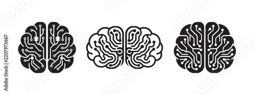 Artificial Intelligence Brain Icon Collection, Futuristic Neural Circuit Illustrations, Black and White Digital Brain Symbols, Technology and Innovation Concept