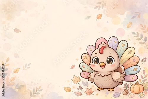 Cute cartoon turkey with colorful feathers, kawaii Thanksgiving illustration
