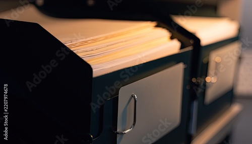 A close-up shot of a filing cabinet filled with documents.