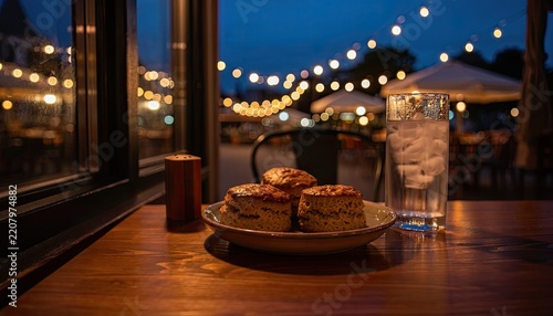 A cozy evening with scones and a refreshing drink under twinkling lights.