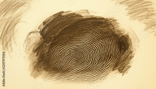 A sepia-toned sketch of a fingerprint, rendered with charcoal or pencil.