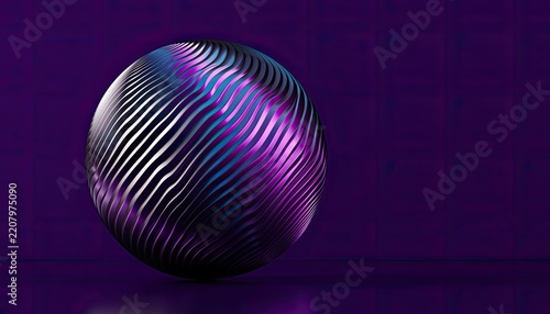 A holographic sphere with swirling, metallic stripes against a dark purple background.