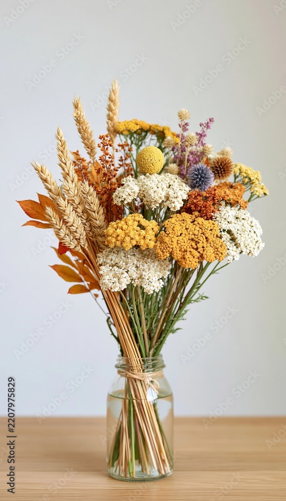 Obraz premium Natural Autumn Bouquet in a Transparent Glass Vase Arranged Indoors for Cozy Home Living Decor