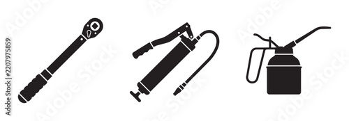 Set of 3 Black Silhouettes: Torque Wrench, Grease Gun, Oil Can for Automotive and Industrial Maintenance