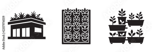 Green Roof Building, Vertical Garden Panel, Potted Plants Collection: Eco-friendly Architecture and Urban Farming Icons