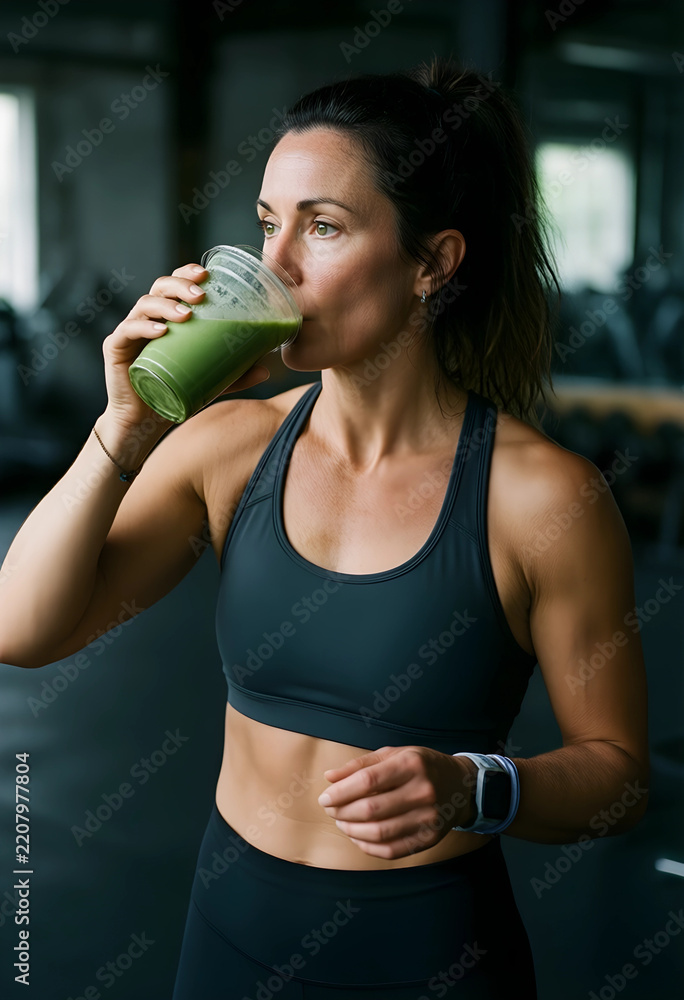 Obraz premium Healthy lifestyle and fitness nutrition, athletic woman drinking green smoothie after workout in gym for wellness recovery and post exercise hydration