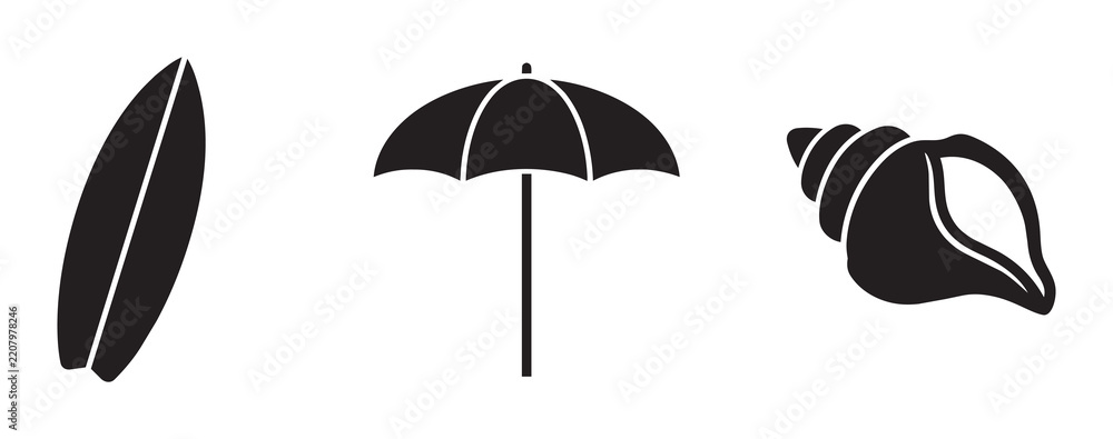 Fototapeta premium Beach Icons: Surfboard, Umbrella, Seashell Vector Set for Summer Vacation and Coastal Themes