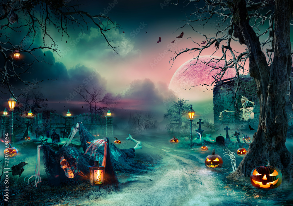 Naklejka premium Halloween Landscape - Graveyard With Zombie In Spooky Night With Full Moon