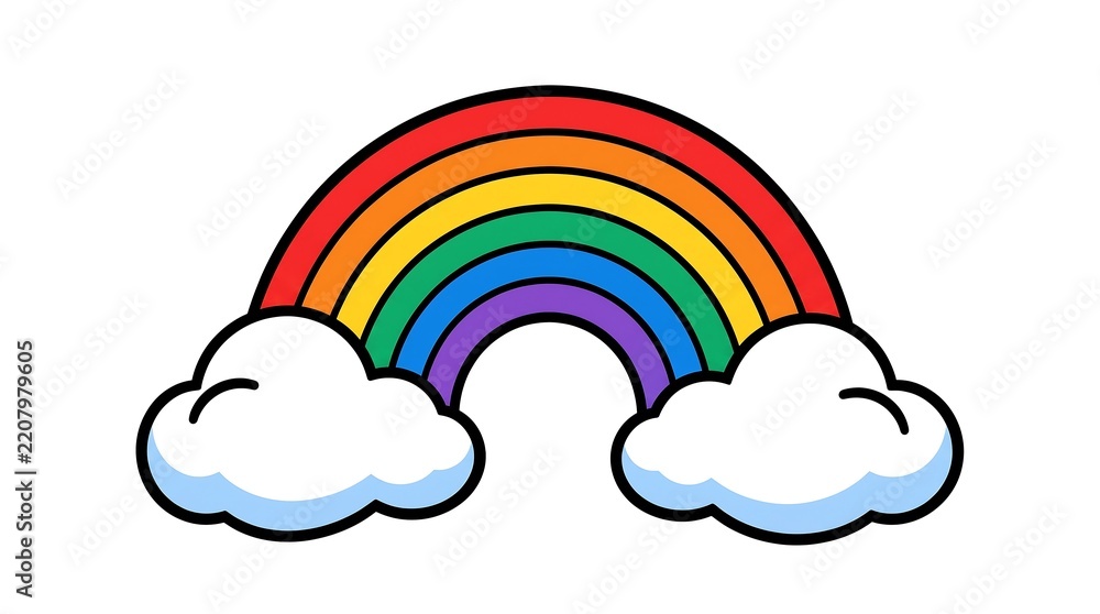 Obraz premium Cute Rainbow Arch Rising From White Clouds Bold Line Cartoon Style For Kids Education Ornament