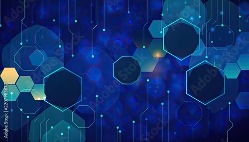Abstract digital network with hexagonal elements and glowing lights.