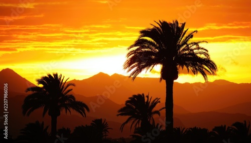 Silhouetted palm trees stand against a vibrant orange sunset over layered mountains.