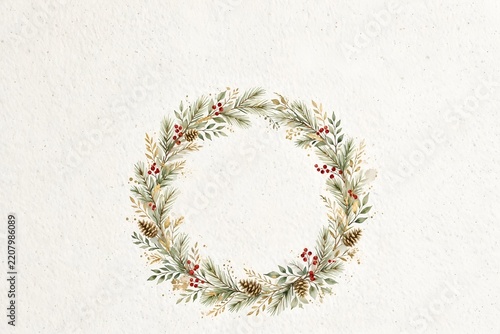 Watercolor Christmas wreath with pine and berries, elegant illustration
