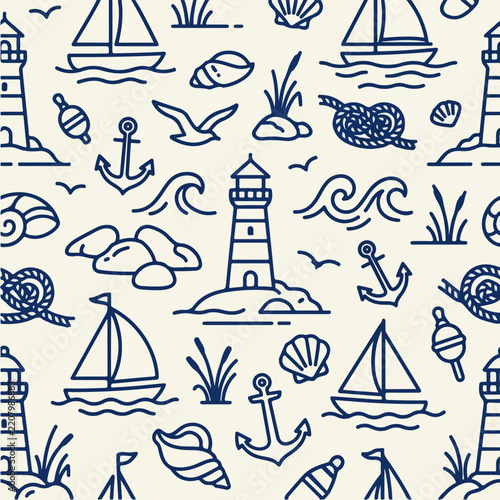 Lighthouse sailboat and nautical symbols blue seamless pattern.