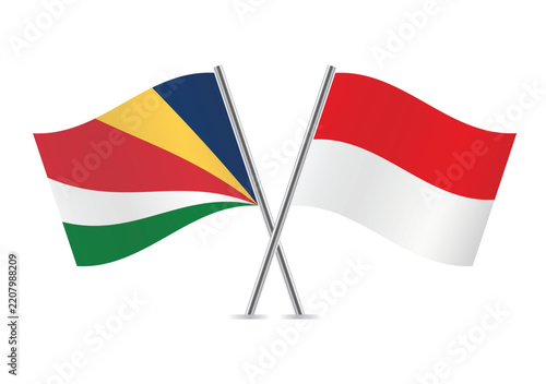 Seychelles and Indonesia crossed flags on a white background. Vector illustration.
