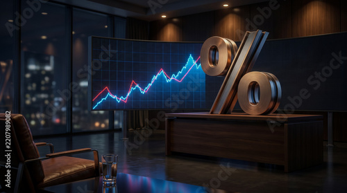 Modern financial office interior featuring a rising market chart and large percentage symbols, representing investment, interest rates, financial growth, and economic trends.