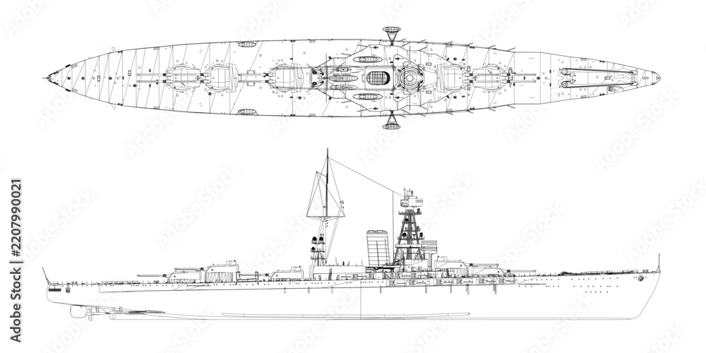 Obraz premium Detailed blueprint drawing of a battleship on white background, showing hull, superstructure, armed cannons, and military warship features from the side.