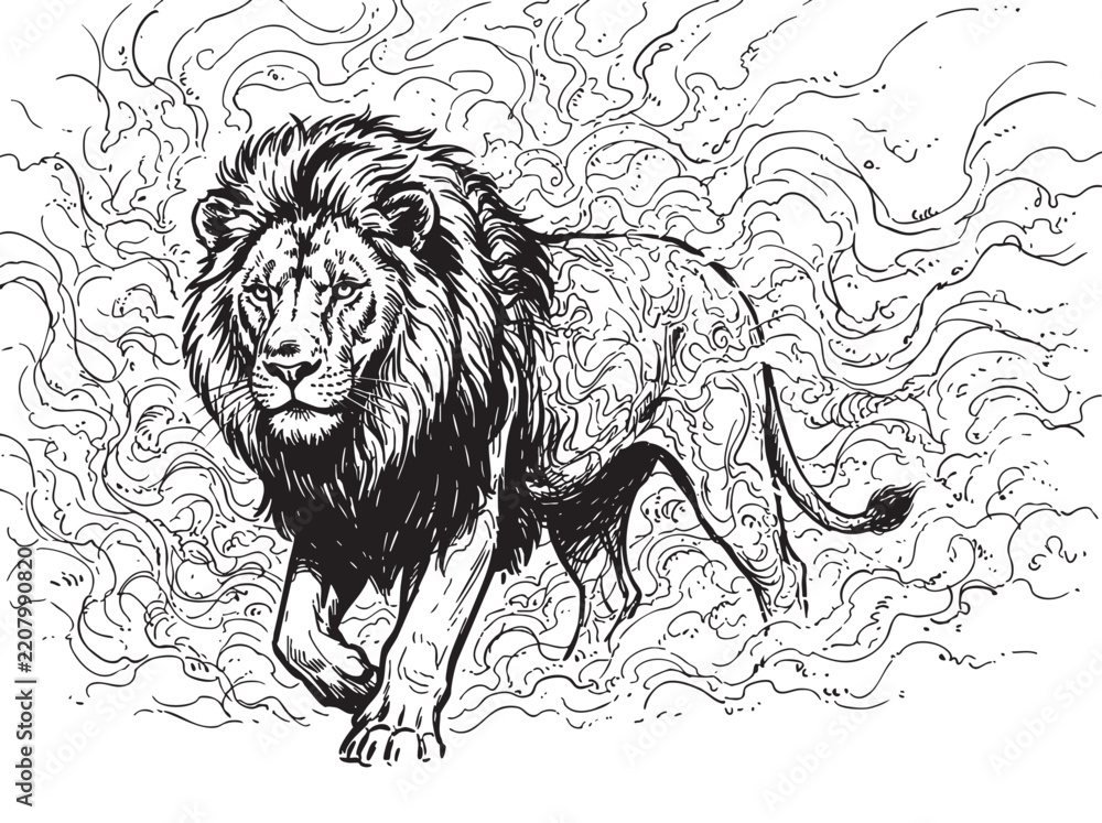 Obraz premium Lion Head Vector Illustration, Powerful Wild Animal Portrait with Bold Feline Features, Detailed Mane and Fierce Expression for Tattoo, Logo, Wildlife and Decorative Design