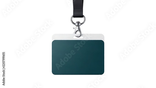 Blank horizontal dark teal ID card badge mockup with black lanyard strap and metal swivel hook isolated on white background for staff identification, corporate security, or visitor access pass.