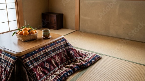 畳の部屋に置かれたこたつとみかん 冬の日本の暮らし コピースペース
