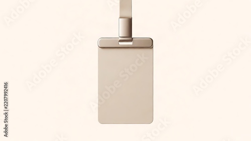 Minimalist Blank Vertical ID Card Badge Mockup with Elegant Lanyard Clip Hanging against a Neutral Cream Background, Perfect for Corporate Identity and Professional Staff Credential Design