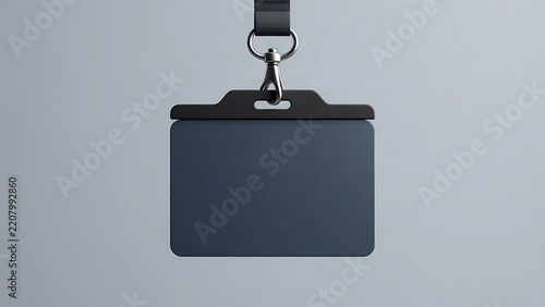 Blank horizontal dark grey ID badge holder mockup with lanyard and silver metal clip on clean background for corporate identity, security pass, and conference name tag presentation.