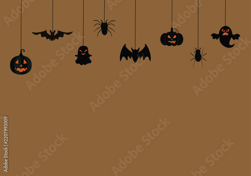 Black halloween silhouettes of bats spiders pumpkins and ghosts on a brown background
