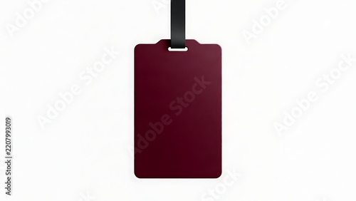 Blank Maroon Plastic ID Card Badge Mockup with Black Lanyard Strap Isolated on White Background for Corporate Identity, Conference Event Pass, or Travel Luggage Tag Template