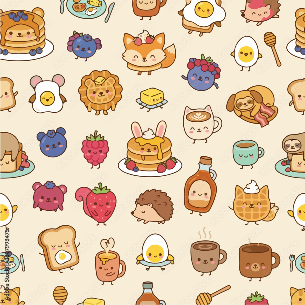 Obraz premium Cute kawaii breakfast characters seamless pattern with food icons.