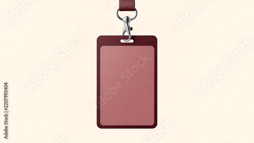 Blank maroon vertical ID card badge holder mockup with lanyard and metal clip isolated on a neutral background, professional identification tag for office staff, conference attendees, and security.
