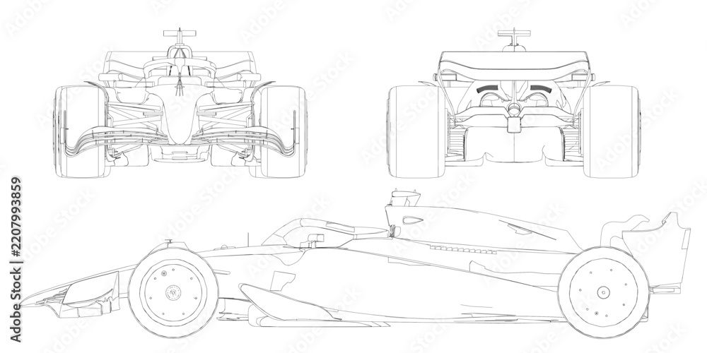 Obraz premium Detailed blueprint of a racing car on a white background, showing intricate black and white line art of the headlights, grille, and wheels for fast sport design.