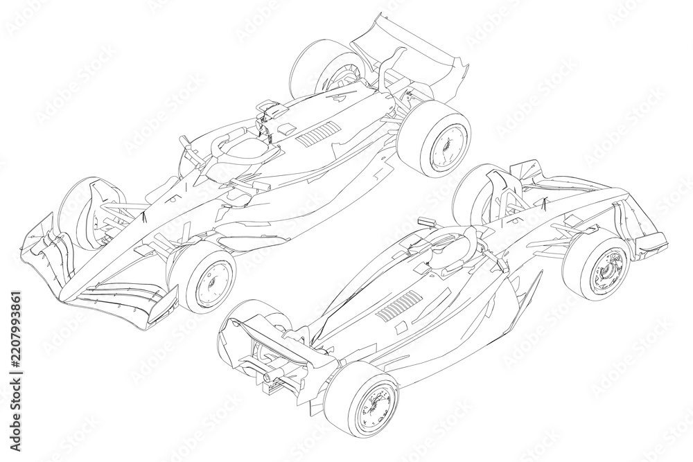 Obraz premium Two sleek racing cars in black outline on a white background, shown in isometric view with visible wheels, headlights, and aerodynamic design. Isometric view