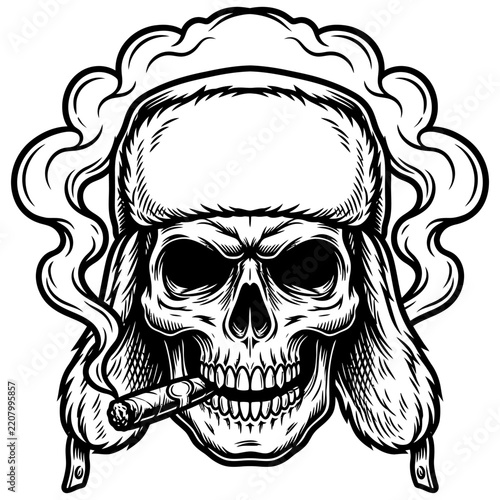 Halloween skull wearing winter hat smoking cigar in black and white vector illustration with copy space
