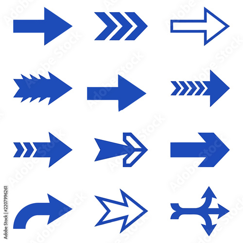 Set of blue arrow icons performing directional navigation in flat design style with copy space