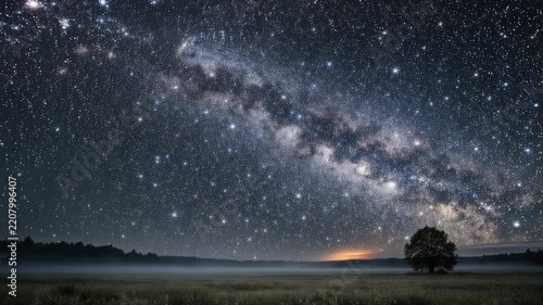 Milky Way galaxy glowing above a lone tree and dark field under a clear star filled night sky