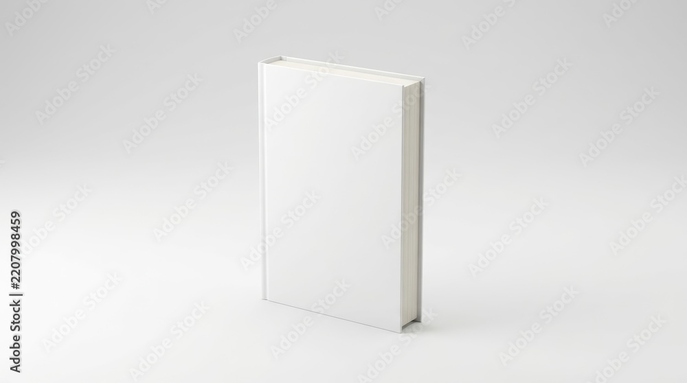 Fototapeta premium Blank white book standing upright on a clean white background.