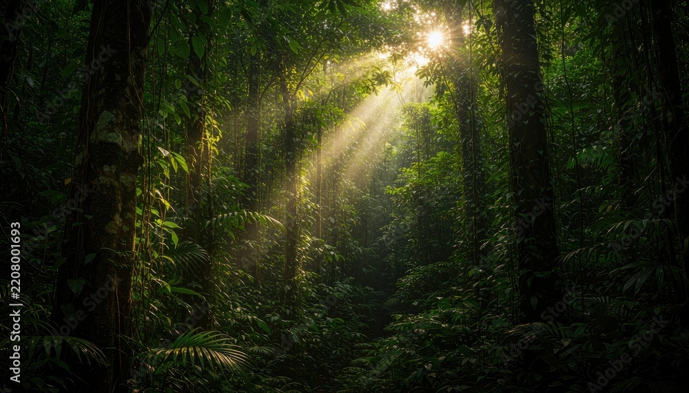 Fototapeta premium Sunlight streams through a lush, dense jungle canopy, illuminating the vibrant greenery.