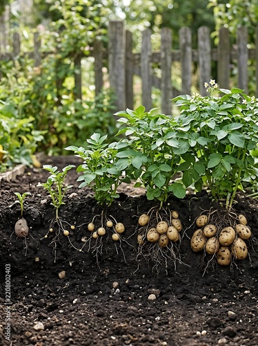 Growing potato plants from seed to harvest showing roots, tubers, flowers, and stages of plant growth