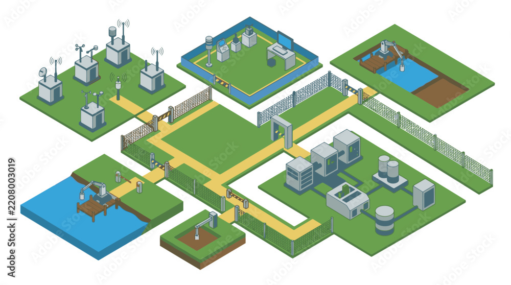 Fototapeta premium Professional Isometric of Smart Industrial IoT Facility with Sensors Water Bodies and Server Rooms
