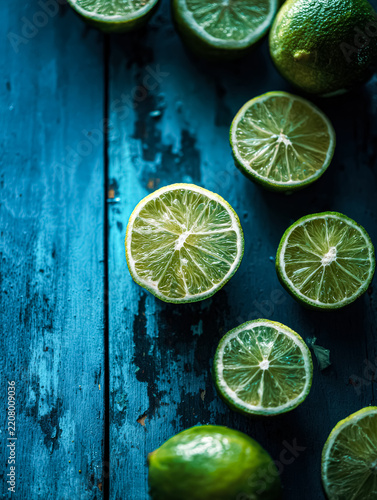 Top down view of halved and sliced limes on a rustic blue wooden table, suggesting freshness and culinary preparation.