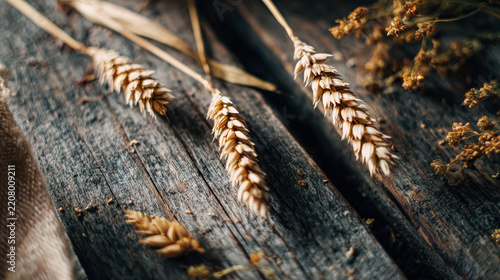 Top down view of wheat stalks scattered on a rustic wooden surface, suggesting themes of harvest and agriculture.
