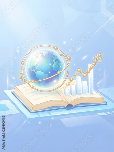 Digital of a glowing globe with orbital rings and bar charts over an open book background, digital globe