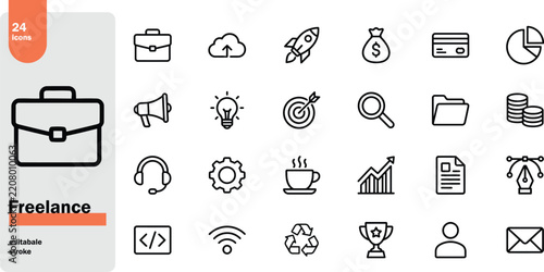 24 freelance icon set briefcase rocket target bulb megaphone cloud search vector illustration.