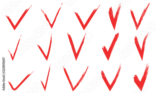Hand drawn brush stroke checkmark. Red Check mark tick set. Strikethrough text and important objects. Stock vector illustration isolated on white background.