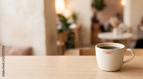 A white coffee cup rests on a wooden table in a cafe. The background shows blurred figures of people sitting and enjoying their time. Sunlight enters