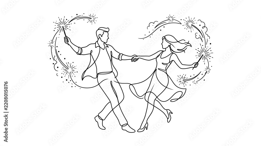 Obraz premium Minimalist Continuous One Line Drawing of a Romantic Couple Dancing Together While Holding Sparklers. Elegant Silhouette of Man and Woman Celebrating a Wedding, Anniversary, or New Year Party.
