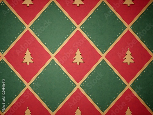 Seamless christmas pattern with red and green diamond shapes and golden christmas trees